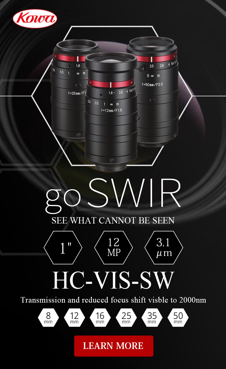 go SWIR, See what cannot be seen, 1", 12MP, 3.1 um, HC_VIS-SW, Transmission and reduced focus shift from visible to 2000nm, 8mm, 12mm, 16mm, 25mm, 35mm, 50mm, Learn More
